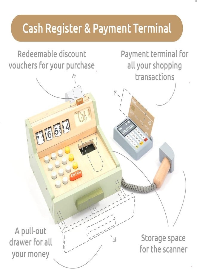 Wudly® Wooden Cash Register Pretend Play Toy | Kids Shopping Role Play Set with Scanner, Calculator, Cash, Coins & Credit Card | Montessori Educational Learning Toy Gift for Boys & Girls (3+ Years) - Image 2